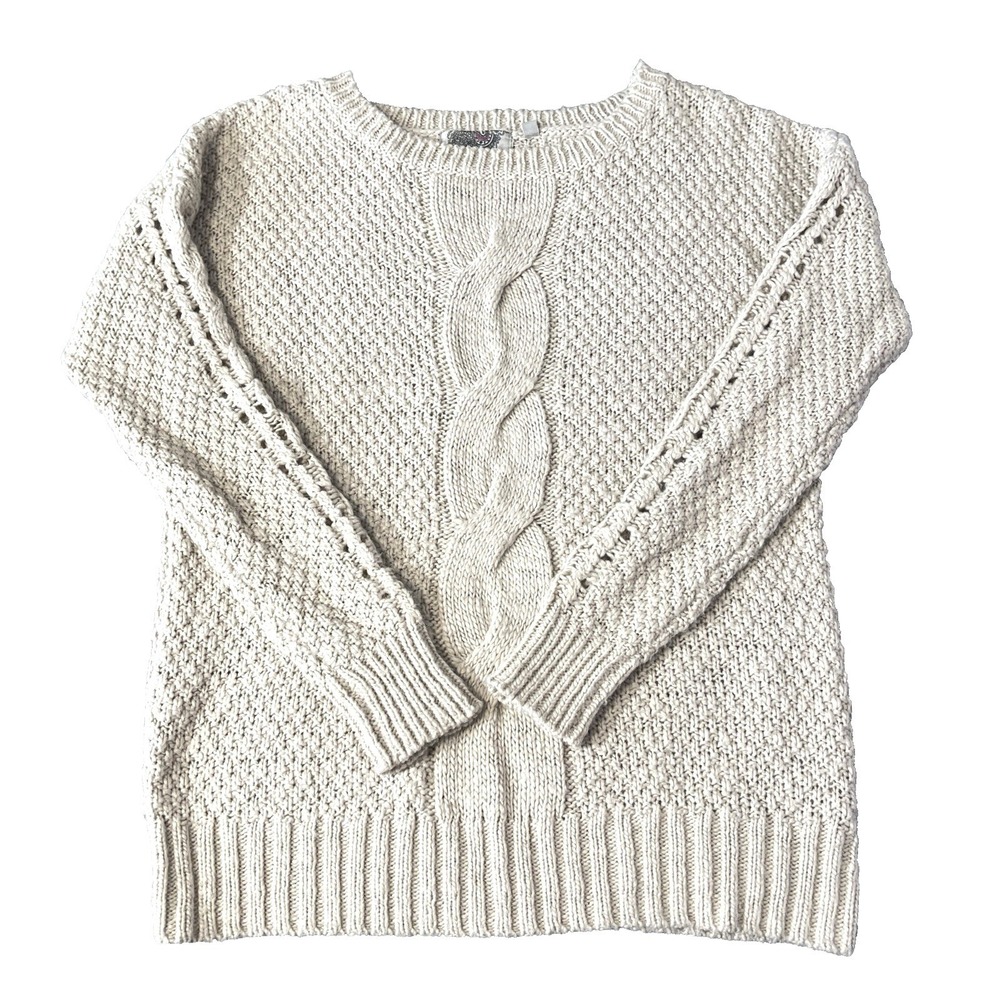 Ecote Cable Knit Sweater Womens L Cozy Wheat White Wool Alpaca Blend Long Sleeve